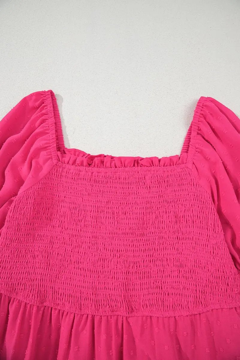 Sachet Pink Swiss Dot Smocked Frilled Neckline Plus Size Dress - Love Salve